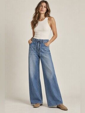 NWOT TGLA Mid Rise Tie Waist Wide Leg Cotton Denim Jeans 26